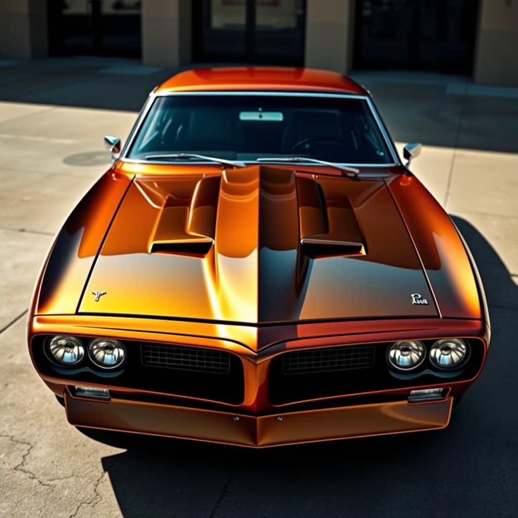 A stunning 1968 Pontiac Firebird, reimagined in the style of carmstyledesign, featuring an innovative and sleek custom hood that blends seamlessly with its classic lines