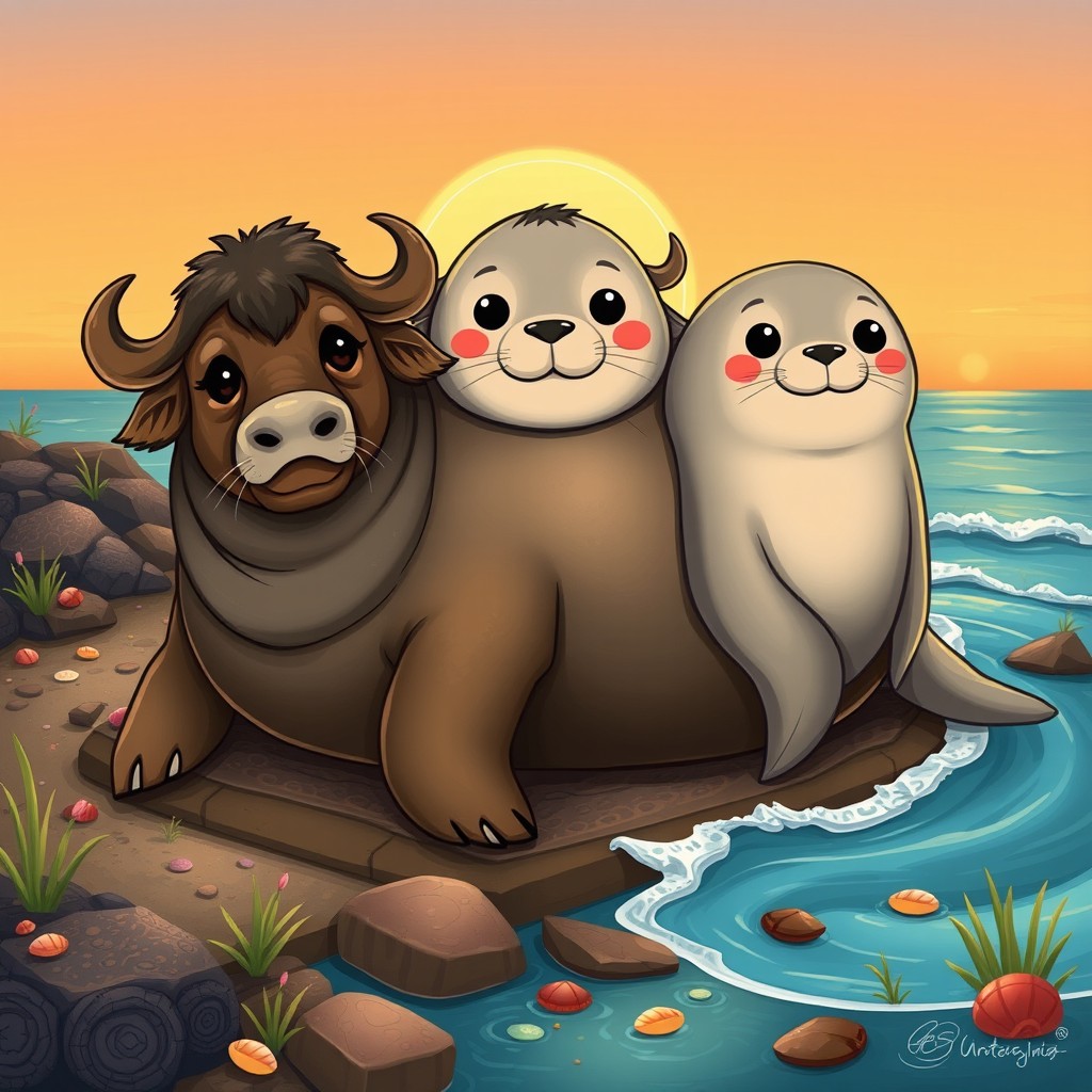 A playful and imaginative illustration of a three-headed buffalo-seal hybrid, combining the robust form of a buffalo with the sleek, aquatic qualities of a seal
