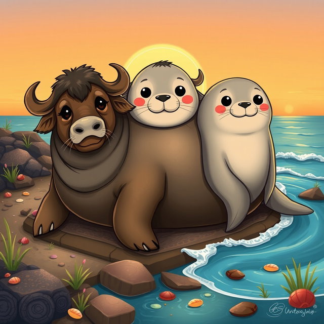 A playful and imaginative illustration of a three-headed buffalo-seal hybrid, combining the robust form of a buffalo with the sleek, aquatic qualities of a seal