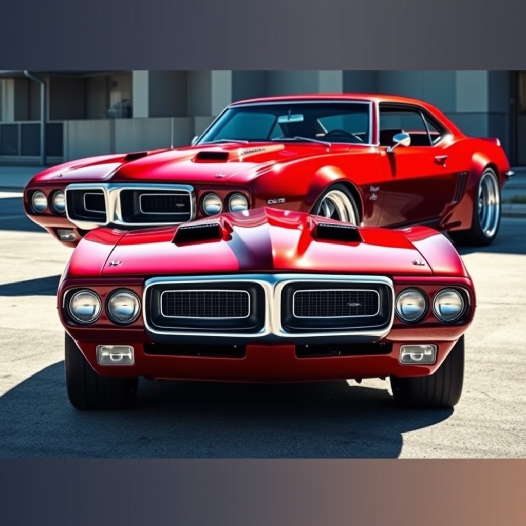 A striking 1968 Pontiac Firebird with a wide body design, painted in a deep, rich red that glistens as sunlight hits its surface