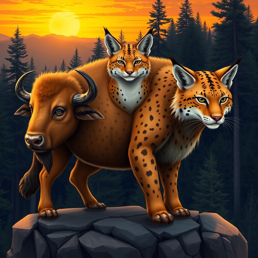 A captivating and imaginative illustration of a three-headed buffalo-lynx hybrid, blending the strength of a buffalo with the elusive elegance of a lynx