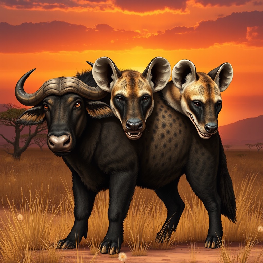 An imaginative and striking illustration of a three-headed buffalo-hyena hybrid, showcasing a blend of the formidable strength of a buffalo and the cunning characteristics of a hyena