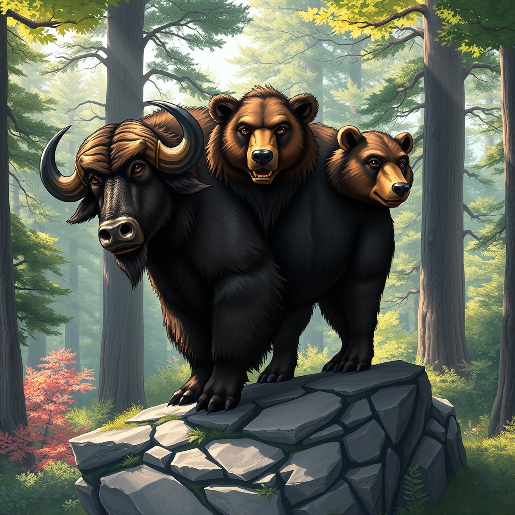 A striking and imaginative illustration of a three-headed buffalo-bear hybrid, showcasing a fascinating combination of the strong features of a buffalo with the powerful physique of a bear