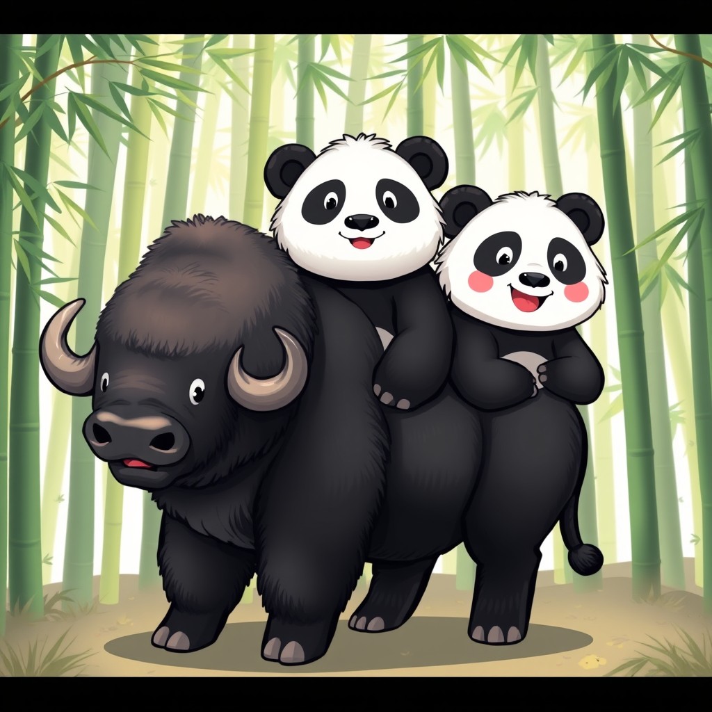 A delightful and imaginative illustration of a three-headed buffalo-panda hybrid, combining the robust qualities of a buffalo with the cute, playful features of a panda