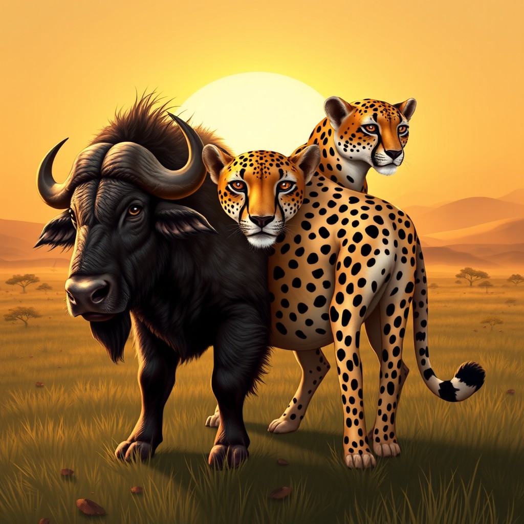 A stunning and imaginative illustration of a three-headed buffalo-cheetah hybrid, merging the powerful, strong physique of a buffalo with the sleek, agile features of a cheetah