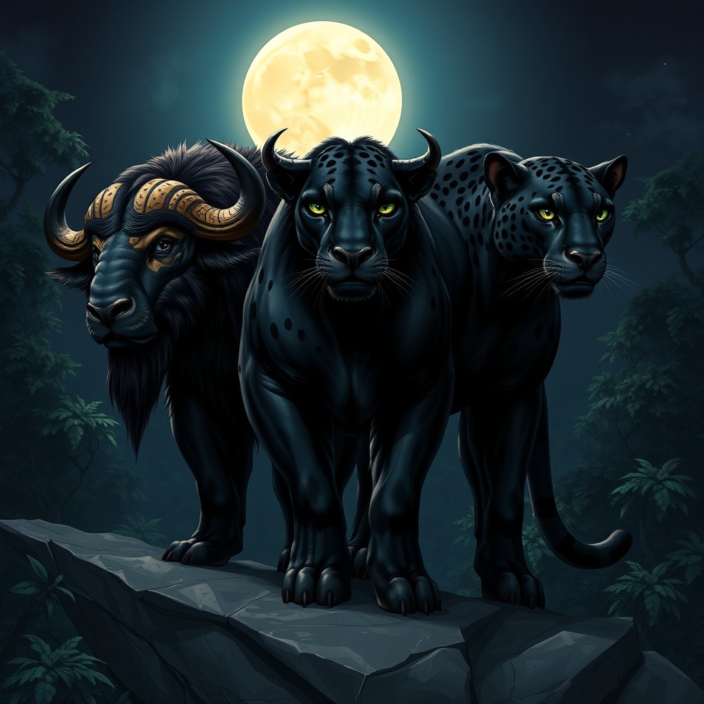An imaginative and striking illustration of a three-headed buffalo-panther hybrid, skillfully merging the muscular build of a buffalo with the sleek, agile form of a panther