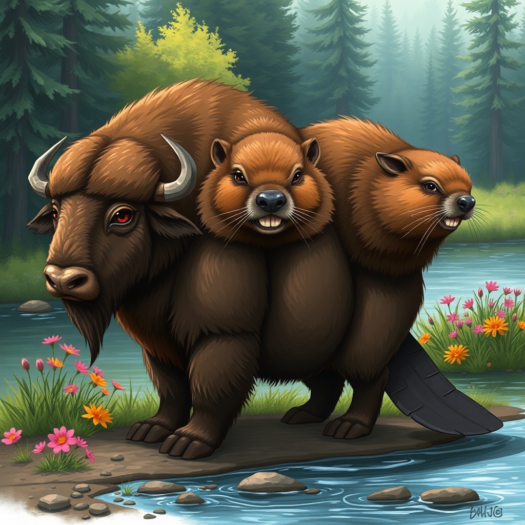 A unique and imaginative illustration of a three-headed buffalo-beaver hybrid, combining the powerful build of a buffalo with the iconic features of a beaver