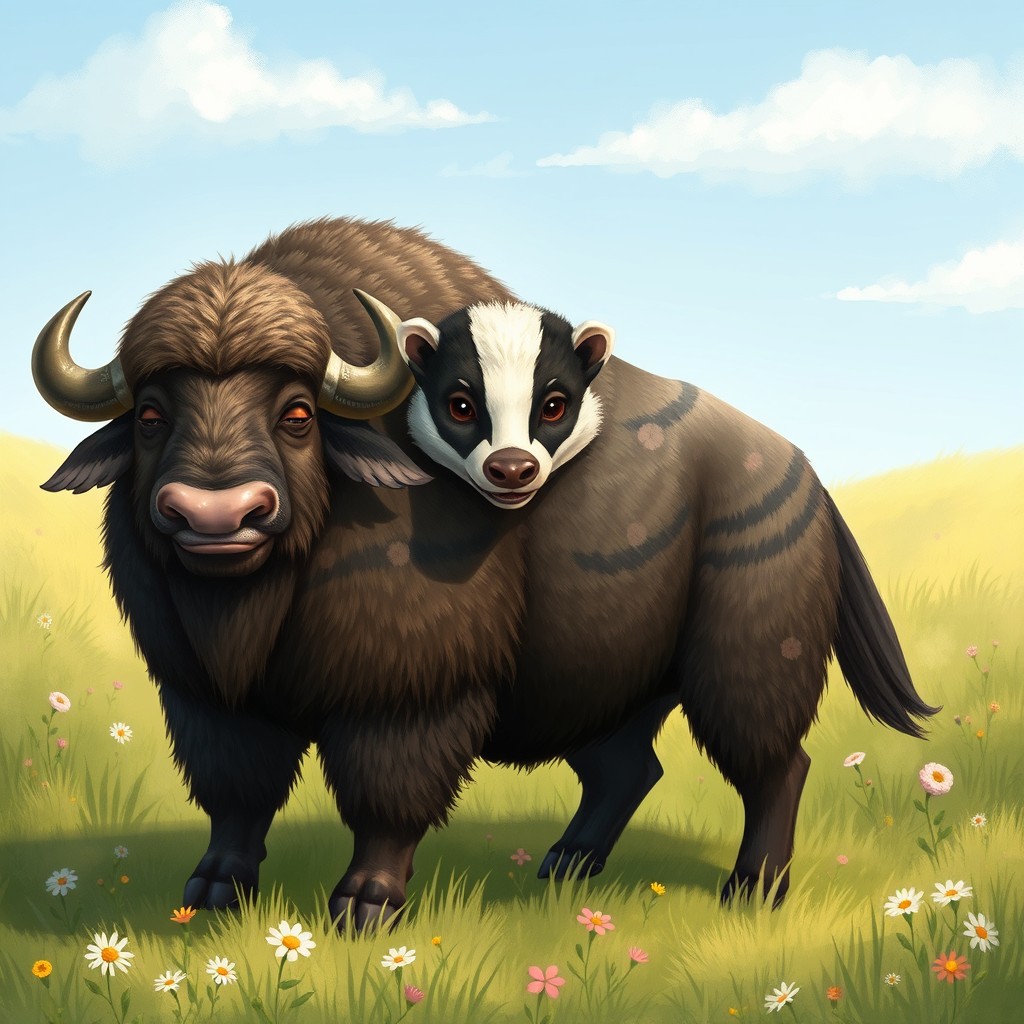 A captivating and whimsical illustration of a three-headed buffalo-badger hybrid, combining the sturdy body of a buffalo with the distinctive features of a badger