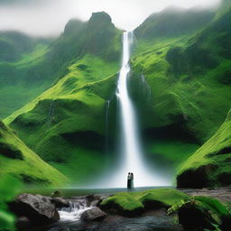 A captivating scene of a lush green mountain with a waterfall cascading down its side, and in the foreground a couple immersed in a passionate kiss.