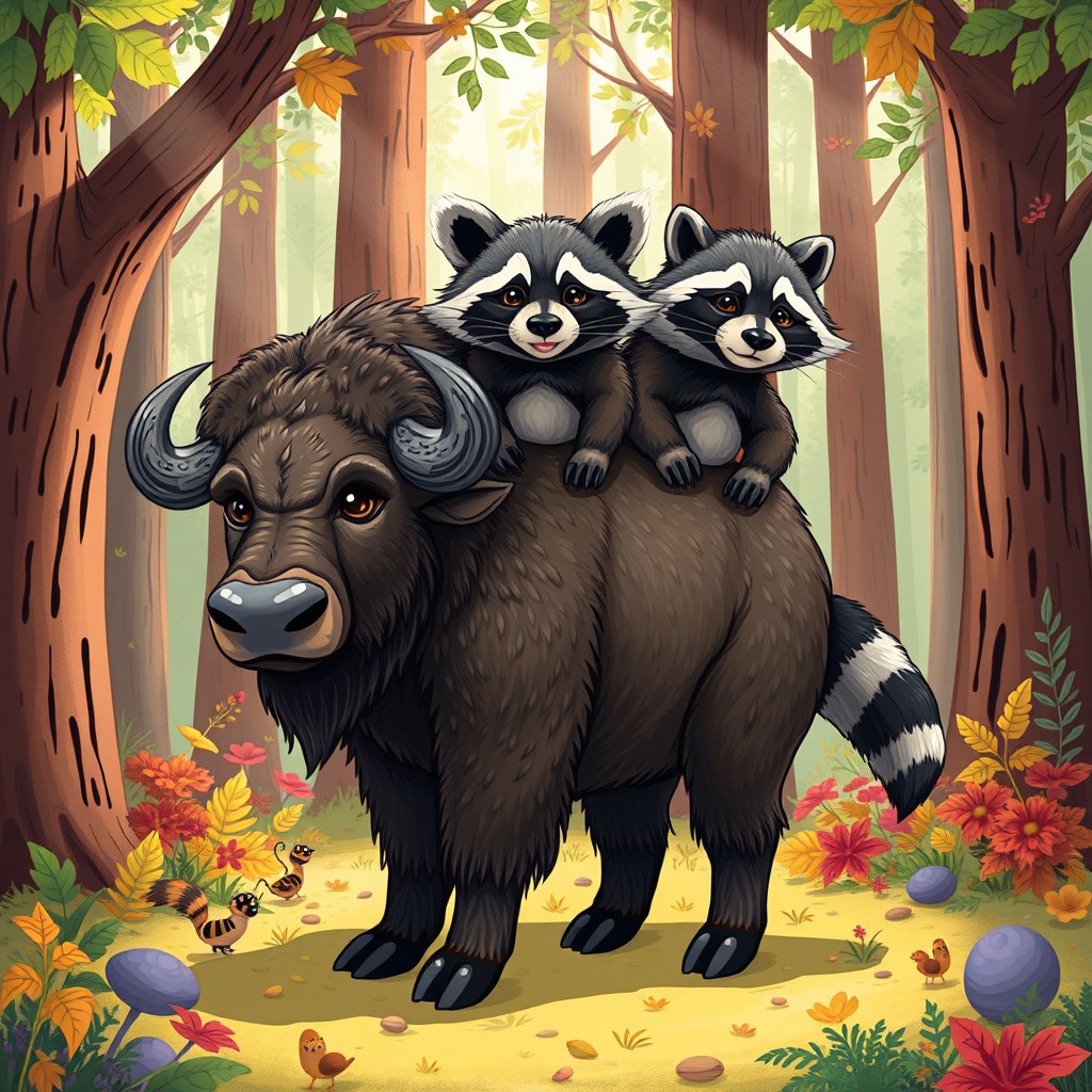 A playful and imaginative illustration of a three-headed buffalo-raccoon hybrid, creatively merging the strong body of a buffalo with the charming features of a raccoon