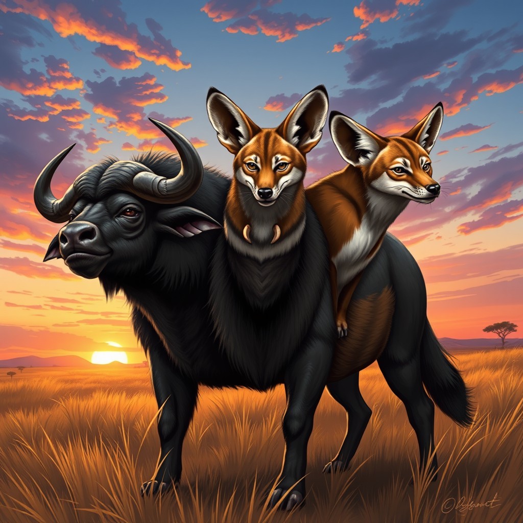 A striking and imaginative illustration of a three-headed buffalo-jackal hybrid, combining the robust form of a buffalo with the agile features of a jackal