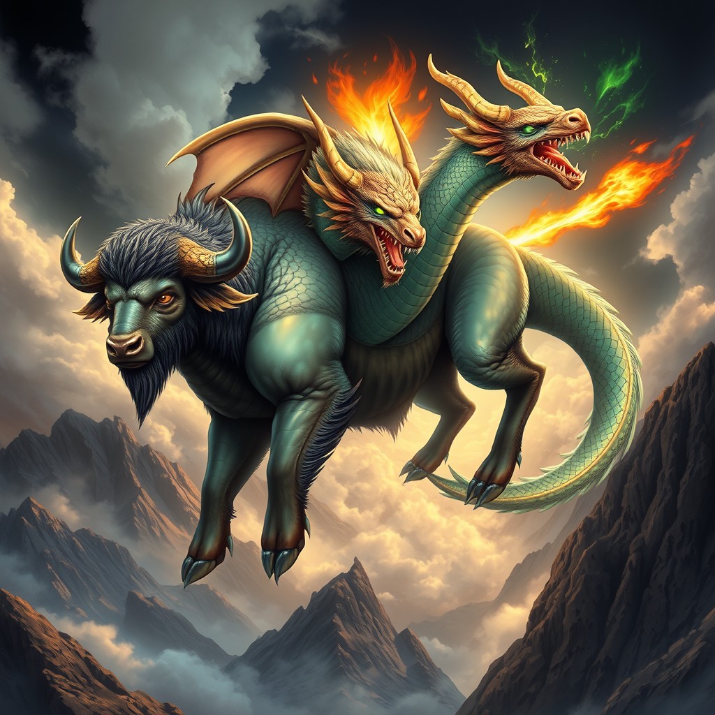 A stunning and majestic illustration of a three-headed buffalo-dragon hybrid, seamlessly combining the formidable body of a buffalo with the mythical features of a dragon