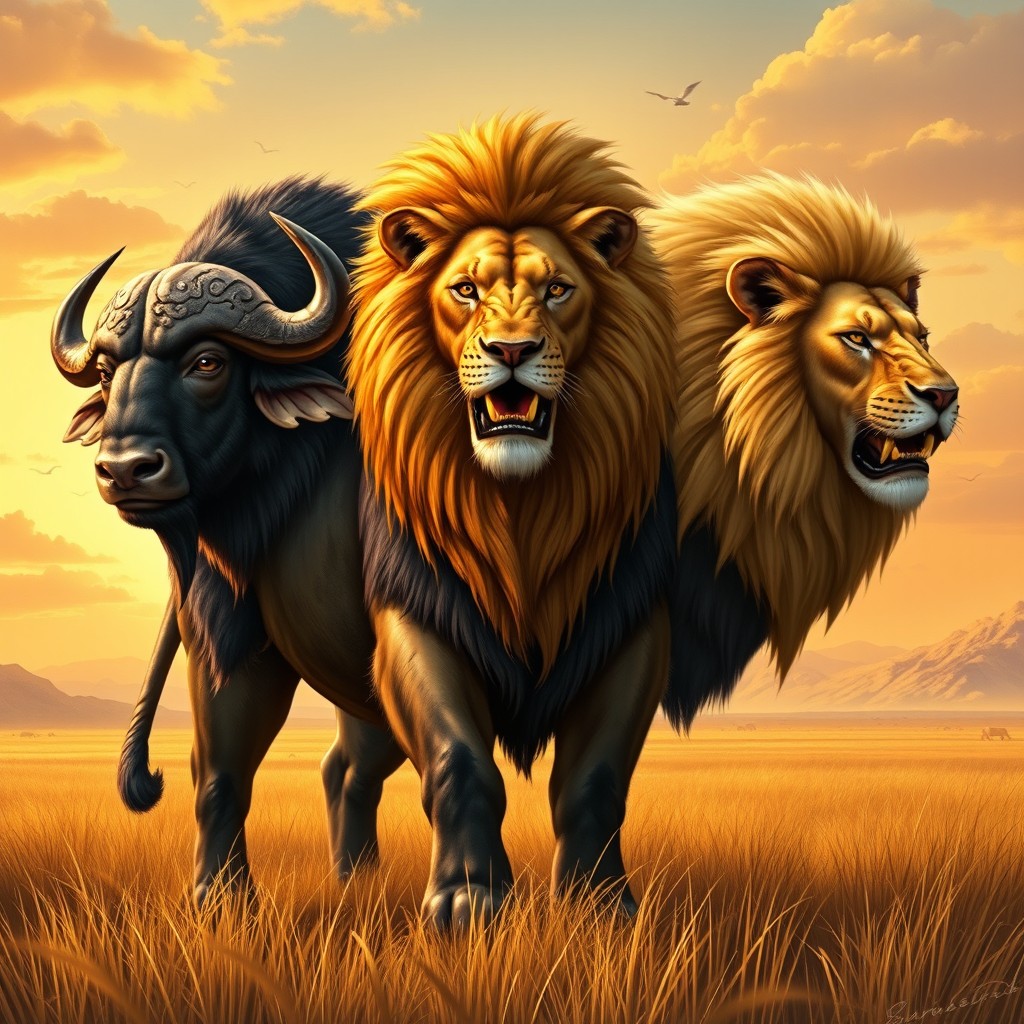 A magnificent and powerful illustration of a three-headed buffalo-lion hybrid, seamlessly blending the imposing physique of a buffalo with the majestic features of a lion