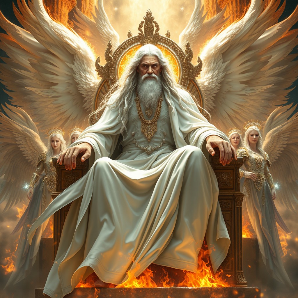 The 'Ancient of Days' depicted on a colossal throne made of flames and radiant light, draped in flowing white robes that billow around him, showcasing an ethereal presence