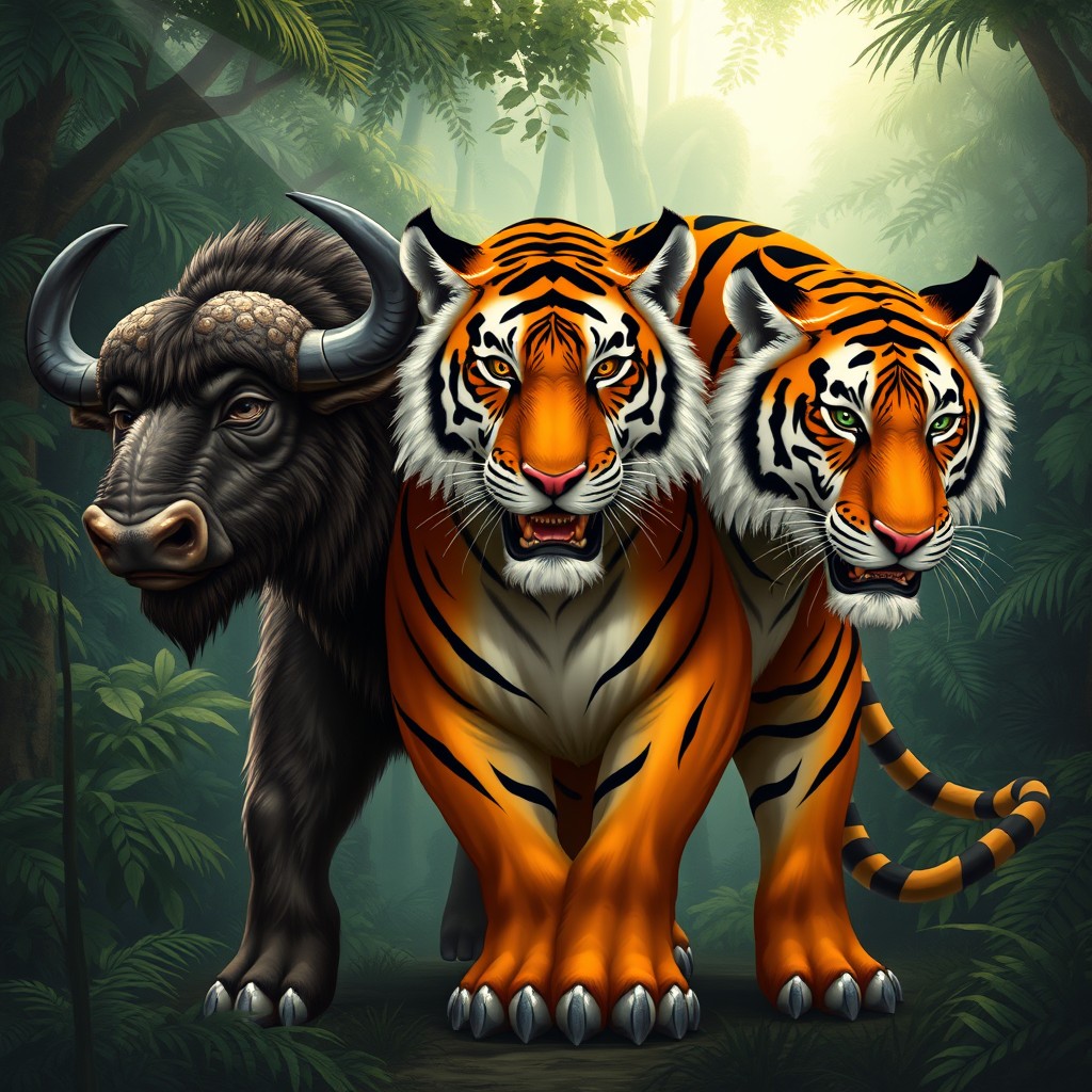 An extraordinary and powerful illustration of a three-headed buffalo-tiger hybrid, combining the massive, sturdy form of a buffalo with the sleek, fierce features of a tiger