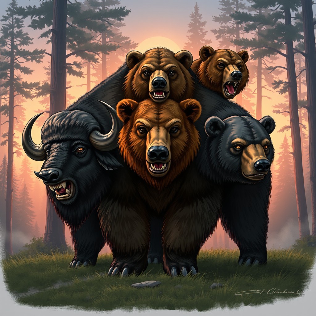 A captivating and imposing illustration of a three-headed buffalo-bear hybrid, creatively merging the strong, sturdy form of a buffalo with the rugged features of a bear