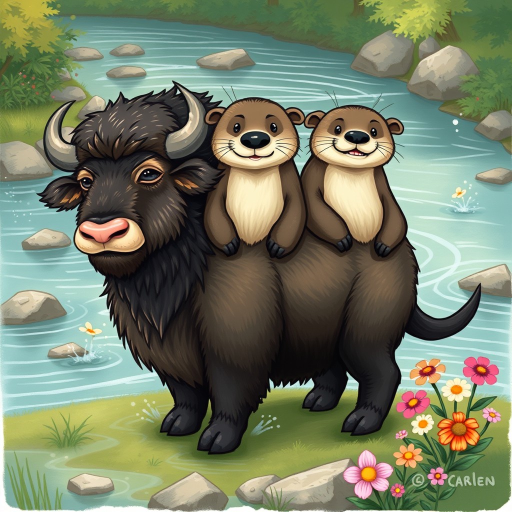 A whimsical and charming illustration of a three-headed buffalo-otter hybrid, creatively combining the broad, sturdy body of a buffalo with the playful features of an otter