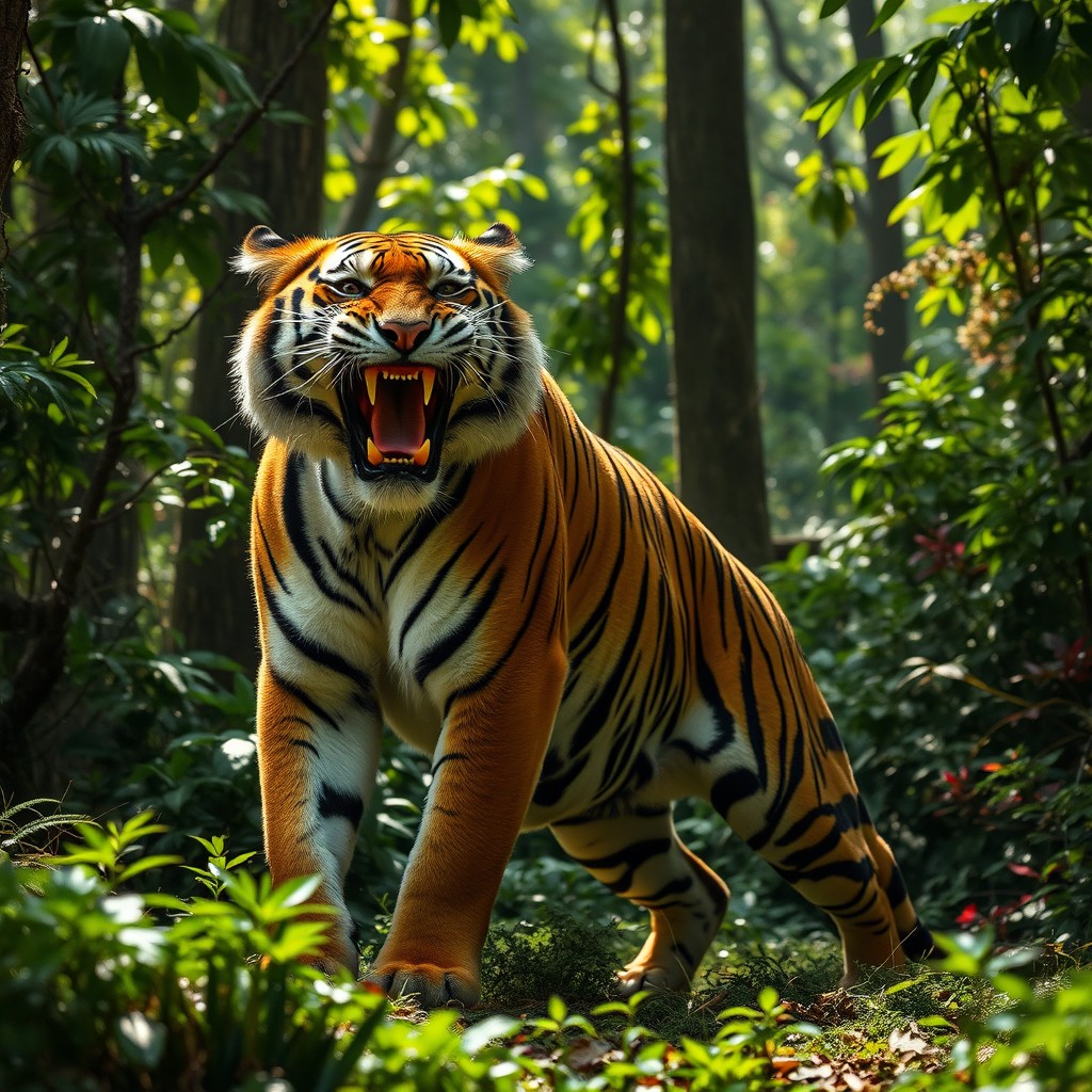 A Bengal tiger in a lush, dense jungle environment, showcasing its striking orange and black stripes