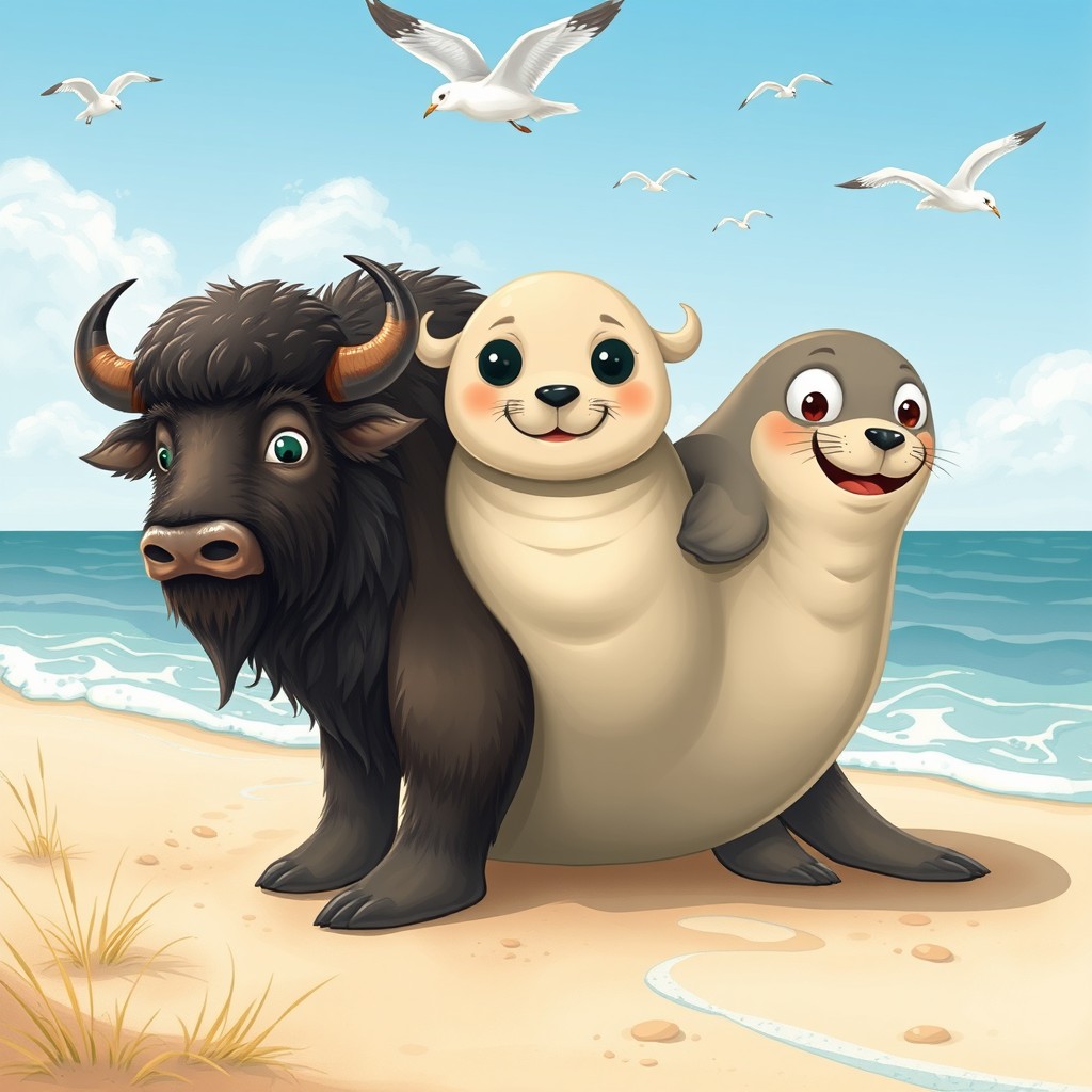 A whimsical and enchanting illustration of a three-headed buffalo-seal hybrid, creatively blending the robust features of a buffalo with the playful characteristics of a seal