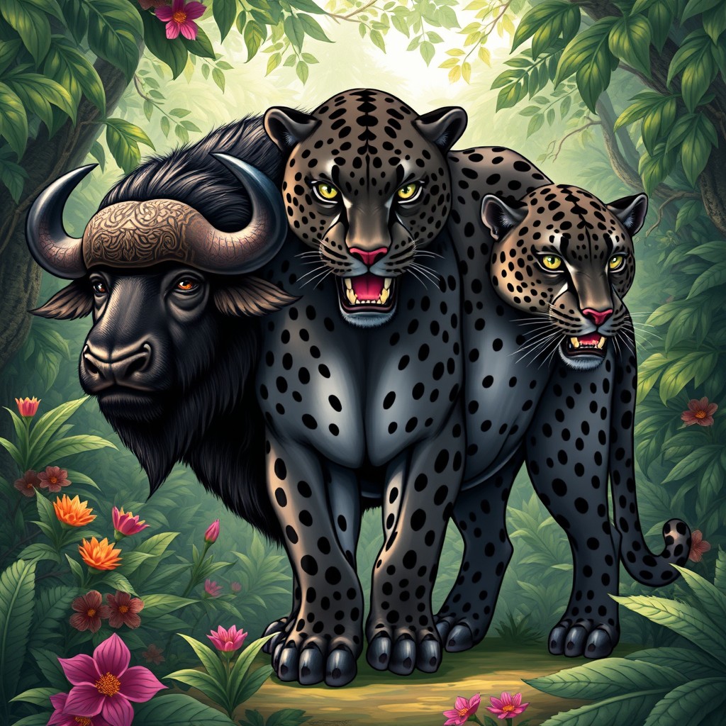 A striking and imaginative illustration of a three-headed buffalo-panther hybrid, skillfully combining the robust form of a buffalo with the sleek, agile features of a panther