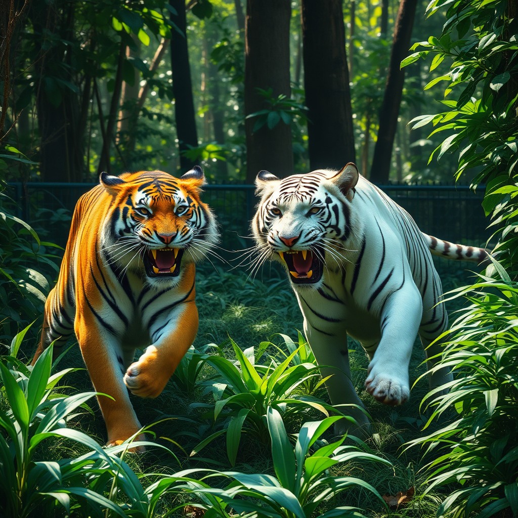 Two Bengal tigers in a vibrant, dense jungle setting