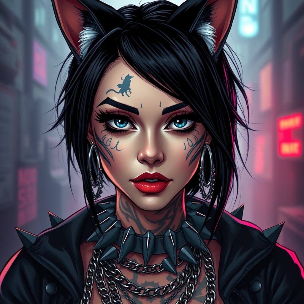 A captivating close-up portrait of a woman wearing a cat costume with striking cat ears