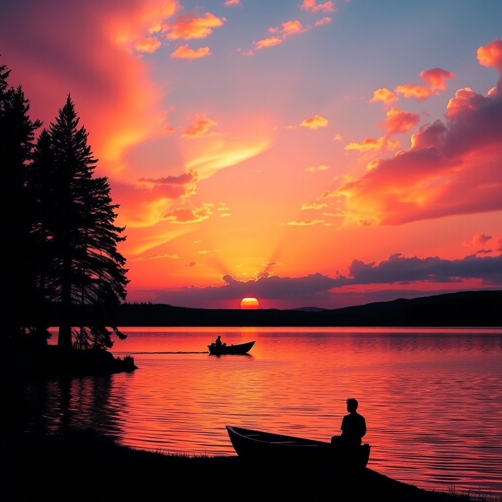 A vibrant sunset scene over a tranquil lake, with the sun dipping below the horizon casting oranges, pinks, and purples across the sky