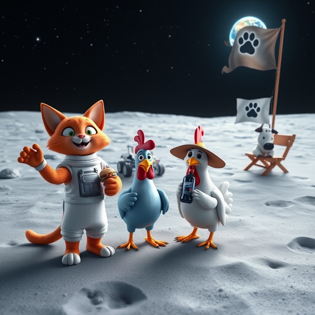 A whimsical 3D Disney-Pixar style scene on the Moon featuring a proud red cat wearing a white space suit in the foreground, alongside a blue dog holding a cheeseburger in his right paw