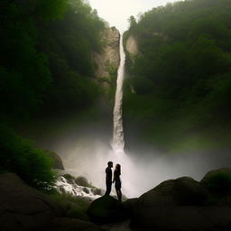 Reproduce the scene of the couple kissing in front of a waterfall on a green mountain in a realistic, high-definition style, devoid of any artistic influence.