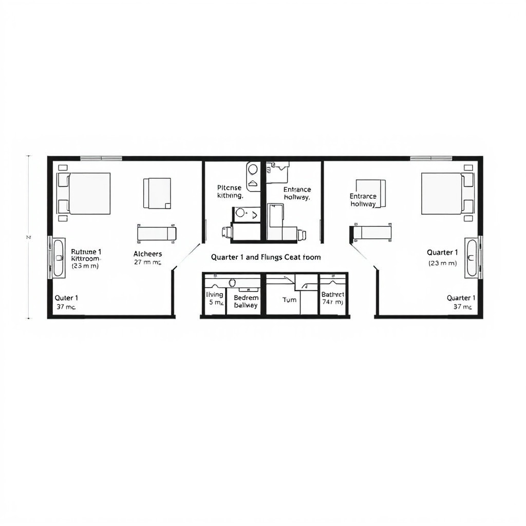 Architectural floor plan showing a 15 meter long apartment layout with two areas labeled as Quarters 1 and 2
