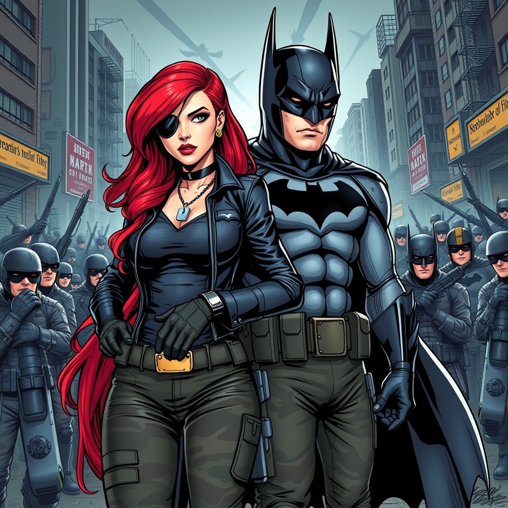 An American comic book style illustration featuring Batman teaming up with a stunning 30-year-old woman