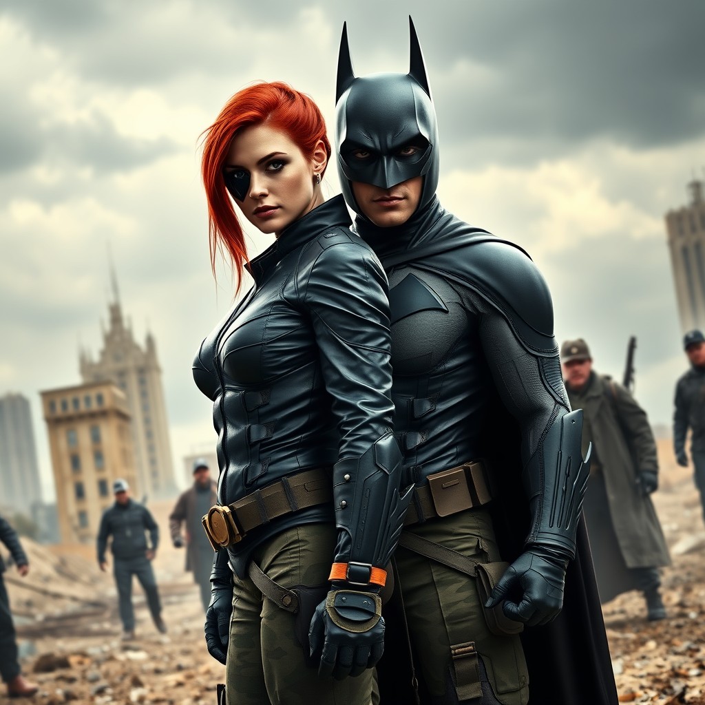 A hyperrealistic image of Batman alongside a stunning 30-year-old woman characterized by her athletic build and striking long red hair, which is elegantly combed to one side
