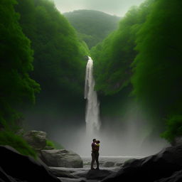 Reproduce the scene of the couple kissing in front of a waterfall on a green mountain in a realistic, high-definition style, devoid of any artistic influence.