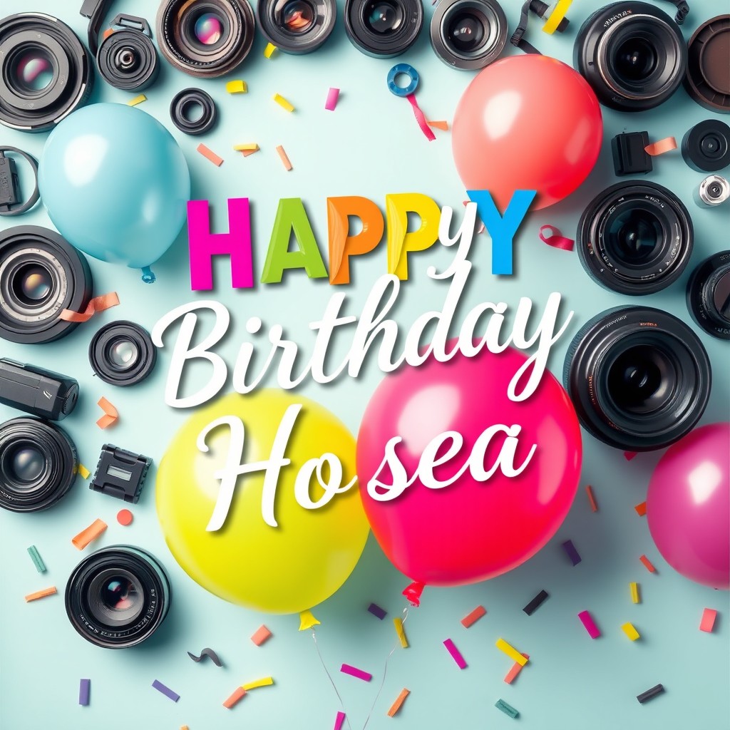 A vibrant and cheerful 'Happy Birthday Hosea' poster featuring a colorful design with photography elements in the background