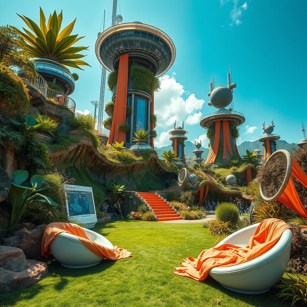 A stunning gorpcore futuristic backdrop featuring lush, vibrant landscapes with a mix of urban and natural elements