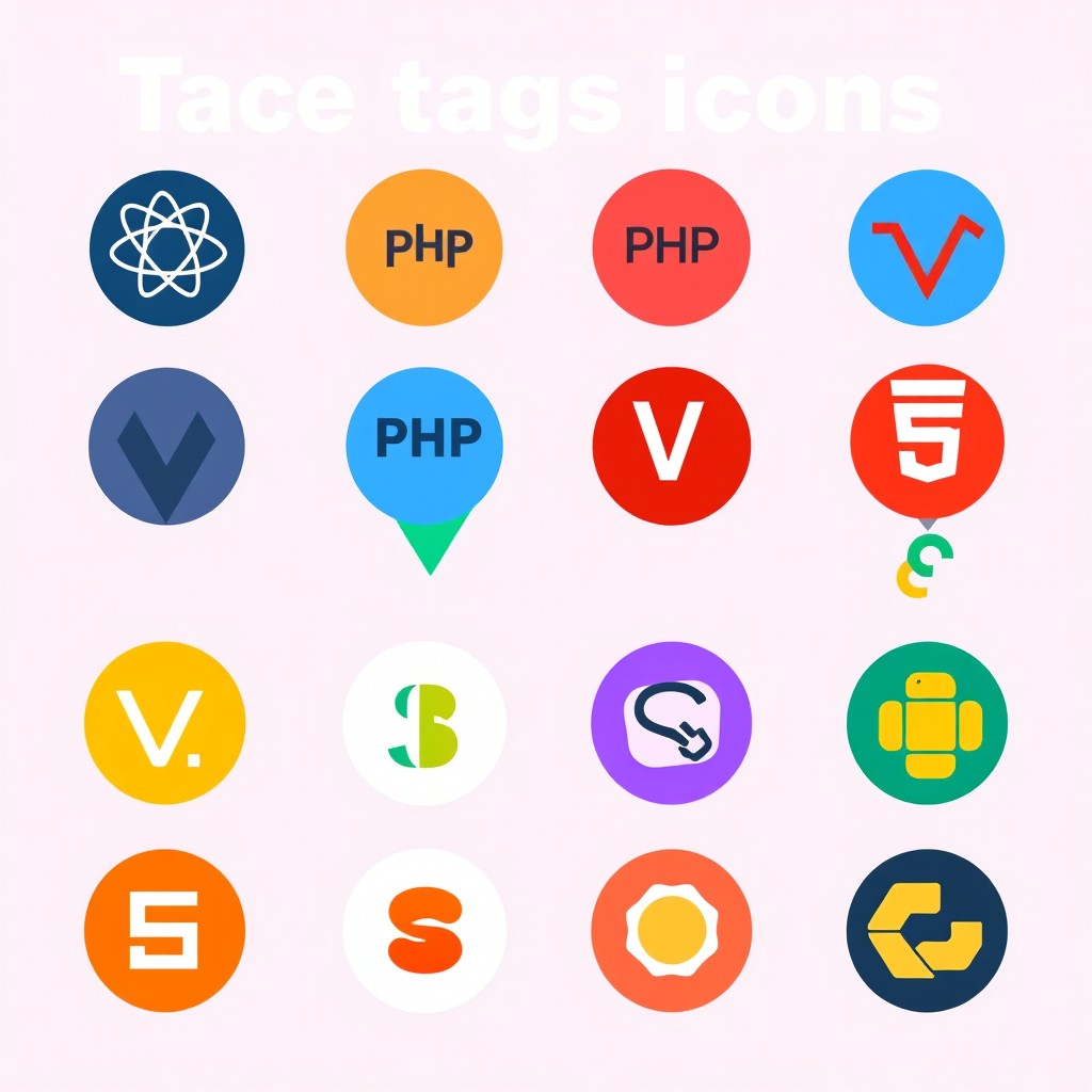 A grid of 16 round tag icons, each representing unique technologies: React, PHP, Laravel, Vue, Angular, HTML, CSS, JavaScript, TypeScript, Node