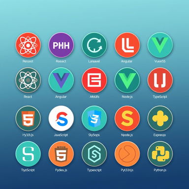 A grid of 16 round tag icons, each representing unique technologies: React, PHP, Laravel, Vue, Angular, HTML, CSS, JavaScript, TypeScript, Node