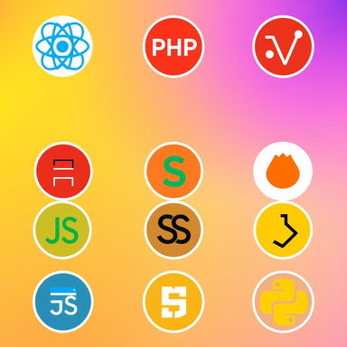 A grid of 16 round tag icons, each representing unique technologies: React, PHP, Laravel, Vue, Angular, HTML, CSS, JavaScript, TypeScript, Node