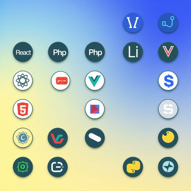 A grid of 16 round tag icons, each representing unique technologies: React, PHP, Laravel, Vue, Angular, HTML, CSS, JavaScript, TypeScript, Node