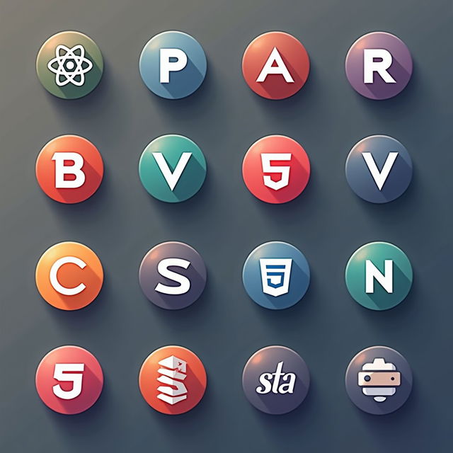 A grid of 16 round tag icons representing unique technologies: React, PHP, Laravel, Vue, Angular, HTML, CSS, JavaScript, TypeScript, Node