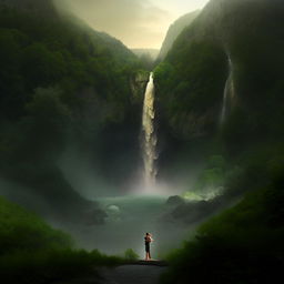 Reproduce the scene of the couple kissing in front of a waterfall on a green mountain in a realistic, high-definition style, devoid of any artistic influence.