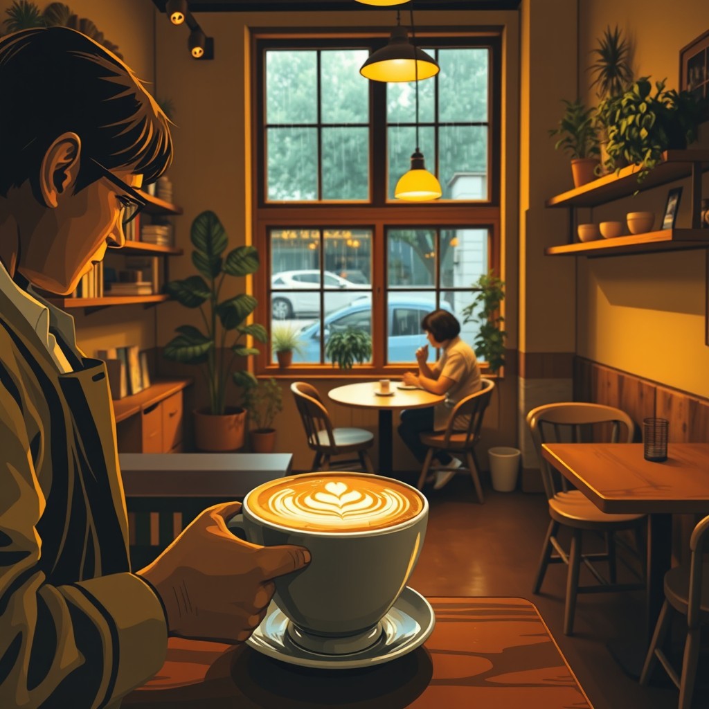 A warm and inviting scene set in a cozy café, with a barista preparing a beautifully crafted latte art in the foreground