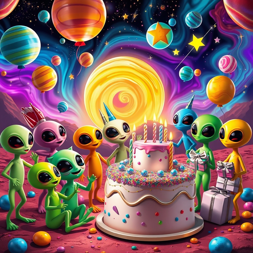 A vibrant and whimsical alien birthday party scene in a colorful extraterrestrial landscape