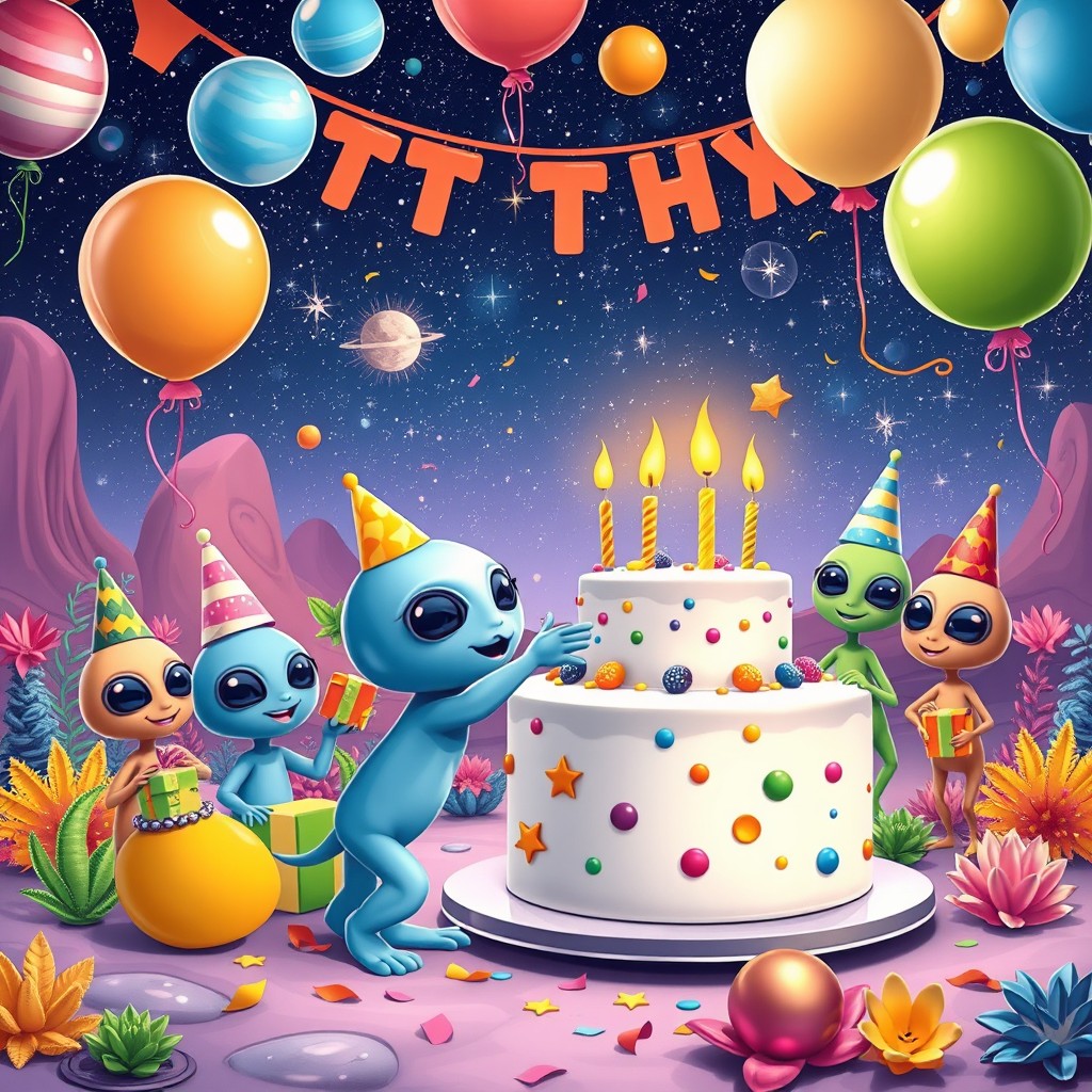 A cheerful and imaginative scene depicting an alien's first birthday party on a vibrant, otherworldly planet