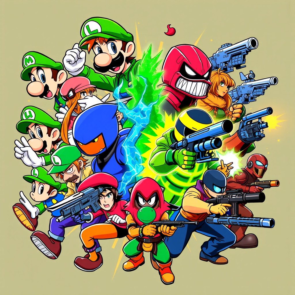 A vibrant and colorful t-shirt design featuring 13 iconic video game and anime characters in an action-packed, dynamic pose