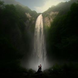 Reproduce the scene of the couple kissing in front of a waterfall on a green mountain in a realistic, high-definition style, devoid of any artistic influence.