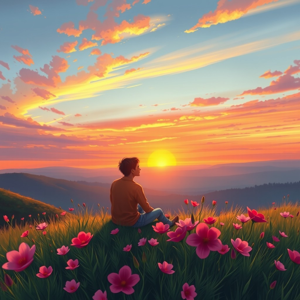 A serene landscape illustrating the profound meaning of love, featuring an expansive, tranquil scene with a couple sitting together on a lush green hilltop, gazing into a vibrant sunset