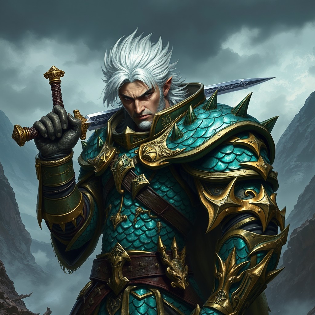 A fierce male fighter with striking white hair, clad in intricate dragonscale armor that glimmers in shades of emerald and gold