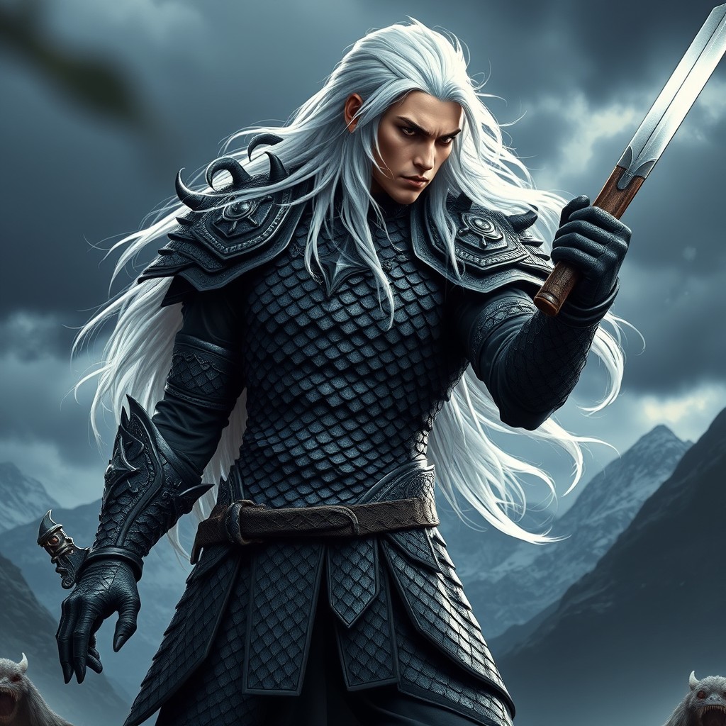 A male human fighter with long flowing white hair, exuding a sense of strength and determination