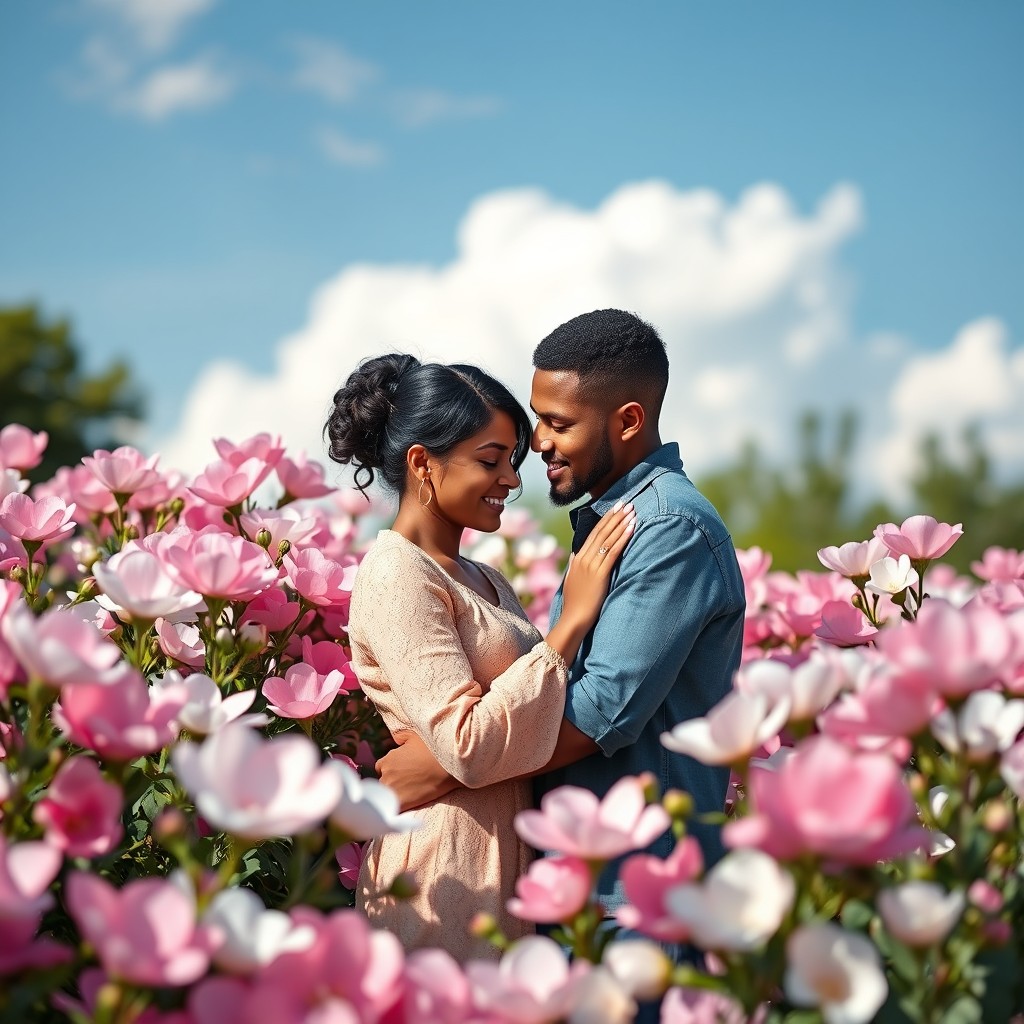 A heartfelt scene depicting the essence of unconditional love, showcasing a couple standing in an intimate embrace in a beautiful garden filled with blooming flowers